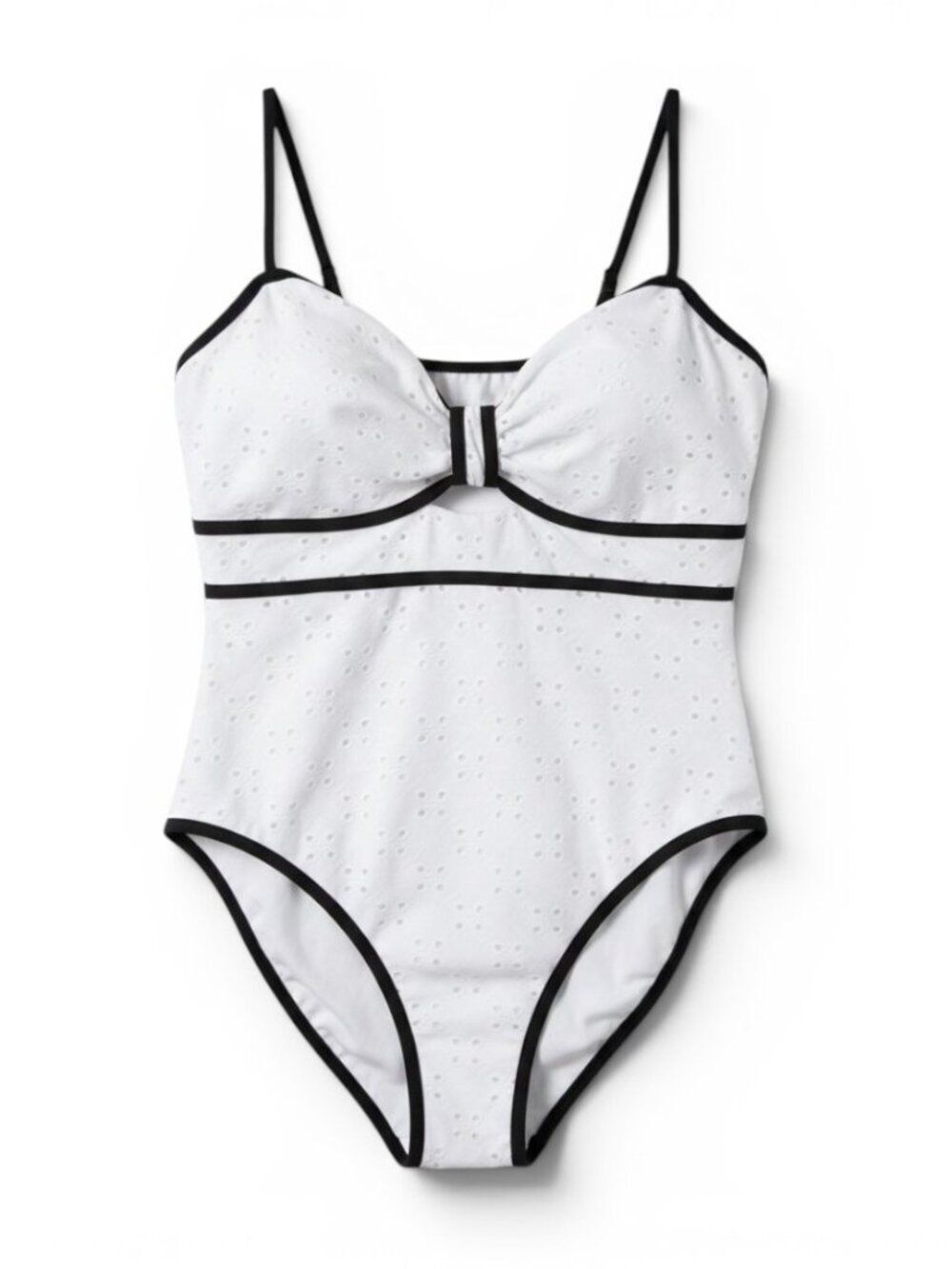 Classic White Eyelet One-Piece Swimsuit with Black Trim